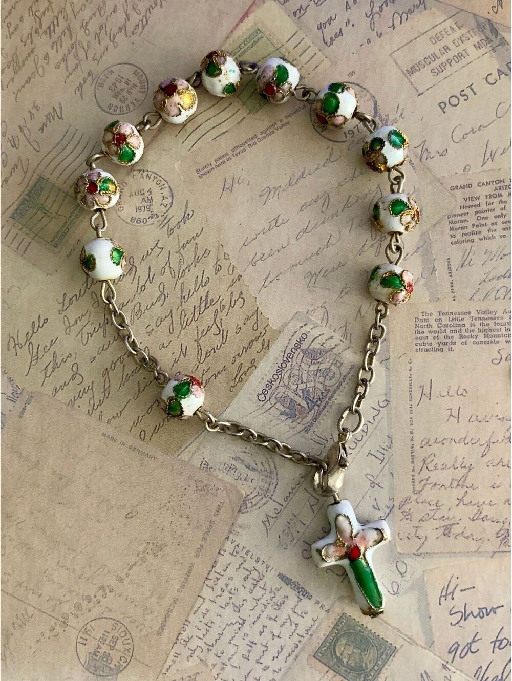 Vintage Cloisonné Religious / Devotional  Enamel Rosary-Style Cross Bracelet - Picture 3 of 3